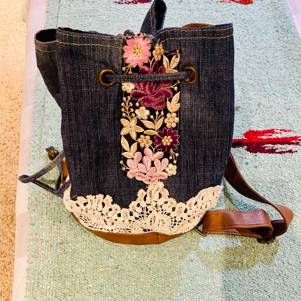 Claire's Denim Backpack with Lace and Floral Embroidery - Picture 3 of 12